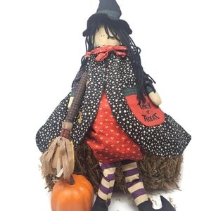 Vintage Handcrafted Sitting Halloween Witch Doll with Pumpkin